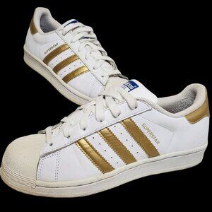 Adidas Superstar White Gold Stripe Clam Shell Toe Sneaker Shoes Women 6.5 US